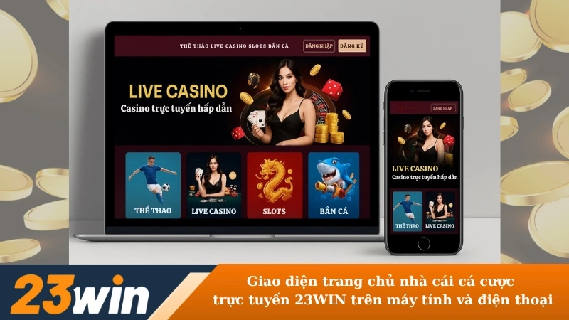 Giao diện trang chủ nhà cái cá cược trực tuyến 23WIN trên máy tính và điện thoại