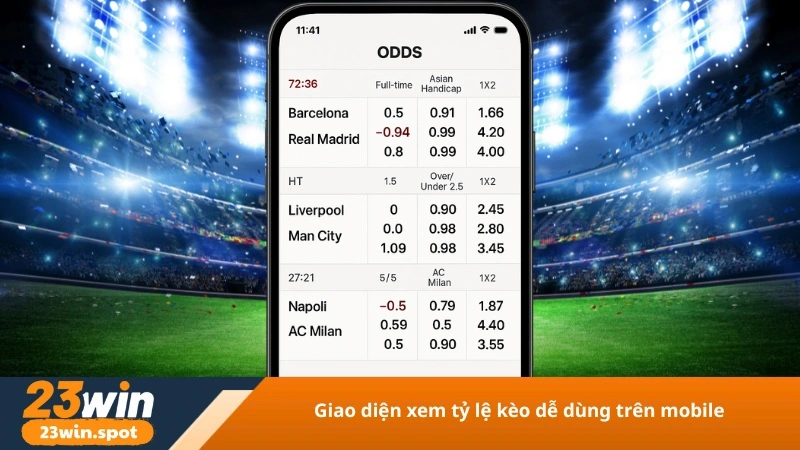 giao diện xem tỷ lệ kèo dễ dùng trên mobile